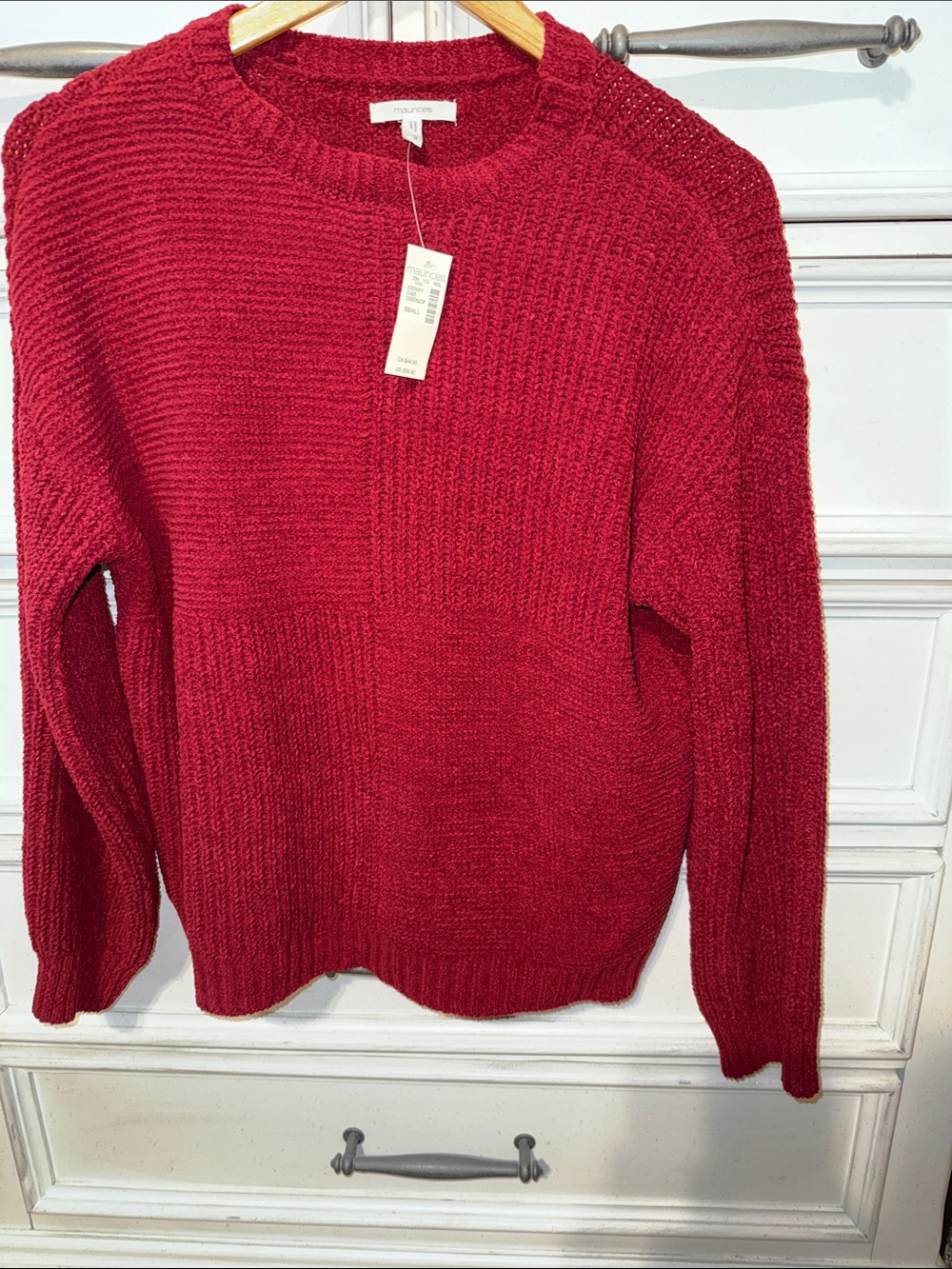 NWT Matte Chenille checkerboard Deep Red Textured Crewneck Sweater